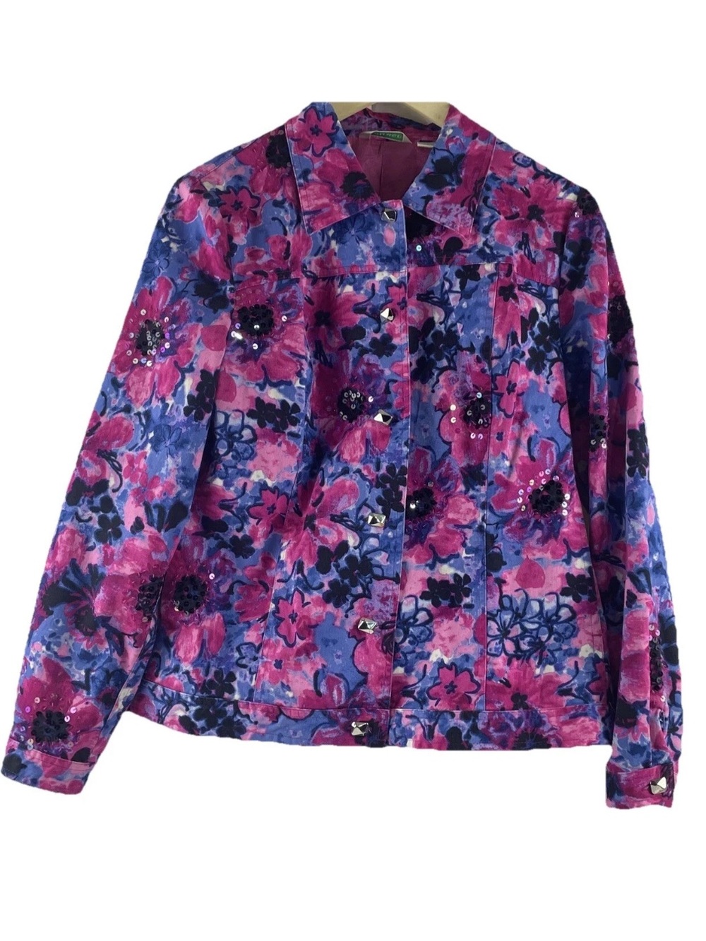 Laura Ashley Womens M Pink Black Floral Sequin Jacket Lined Silver Button